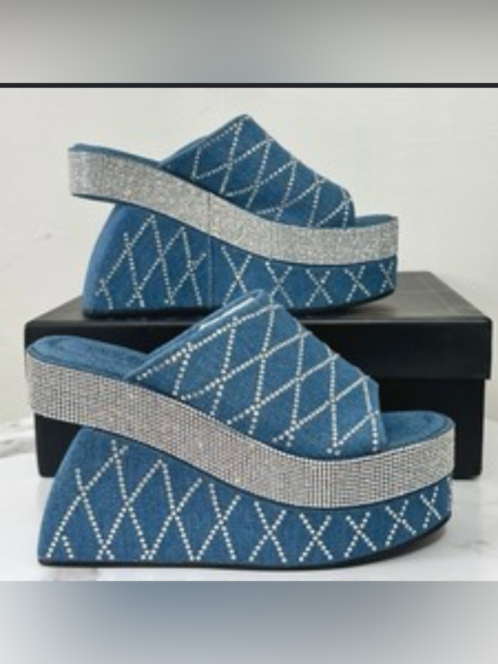 Cape Robbin Odona Rhinestone Denim Platform Wedge Slides